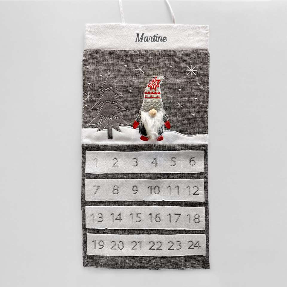 Adventskalender, grå med tomte