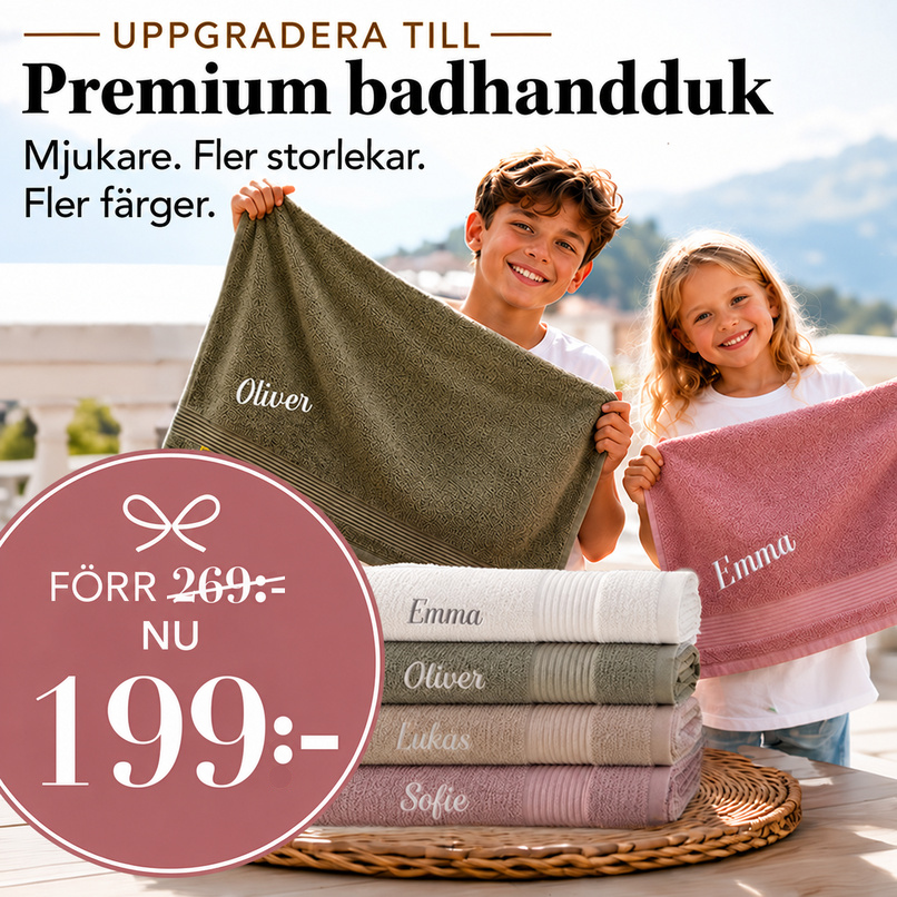 Premium badhandduk med broderat namn, nu 199 kr